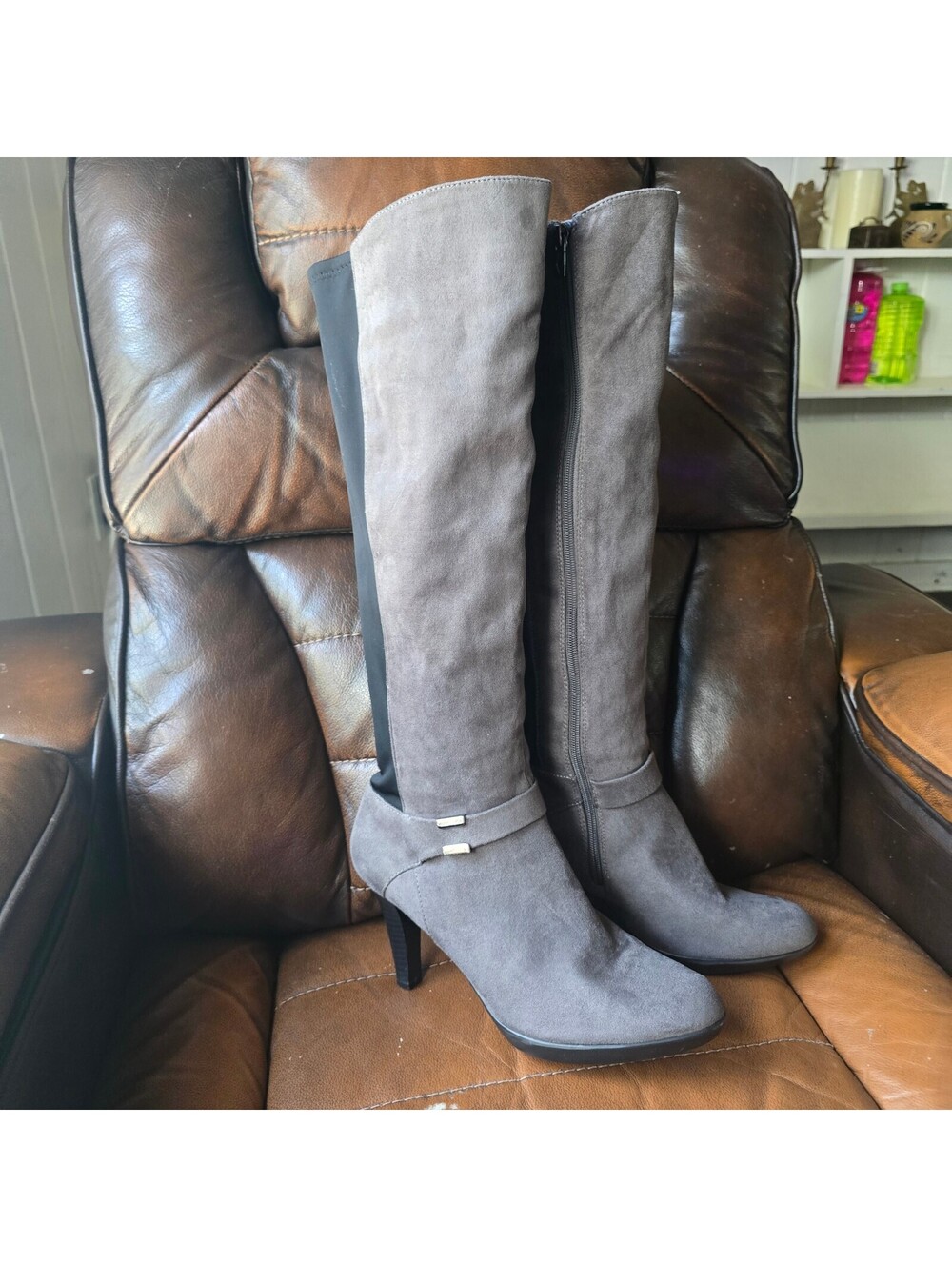 Alfani Step N Flex Grey Faux Suede High Heel Knee High Boots Womens 9.5